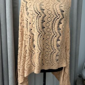 Beige Crochet Knit Poncho Sweater
